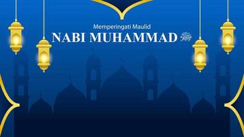 heureux mawlid nabi muhammad saw avec mosquée sur fond bleu vecteur