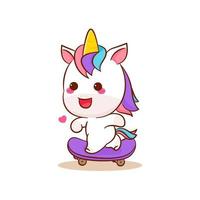 dessin animé mignon licorne pégase magique jouant vecteur de planche à roulettes. poney dessin animé kawaii animal. isolé sur fond blanc.