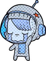 dessin animé fille astronaute qui pleure en agitant au revoir vecteur