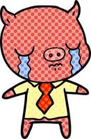 dessin animé cochon pleurant portant chemise et cravate vecteur