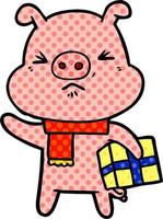 dessin animé cochon en colère avec cadeau de Noël vecteur