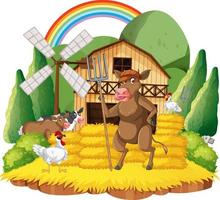 scène de ferme de vache en plein air avec des animaux heureux vecteur