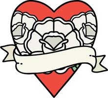 tatouage traditionnel d'un coeur et d'une bannière avec des fleurs vecteur