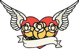 tatouage traditionnel d'un coeur volant avec des fleurs et une bannière vecteur