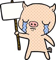 dessin animé cochon qui pleure avec poteau indicateur vecteur