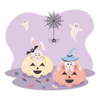 lapins mignons assis dans des citrouilles. lapins d'halloween avec araignée, toile, chauve-souris, fantômes et bonbons aux couleurs pastel. vecteur