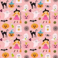 motif harmonieux d'halloween avec une jolie sorcière, des fantômes roses, une chauve-souris, une toile, des citrouilles effrayantes, un chat, des bonbons et du poison. vecteur