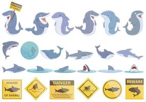 méfiez-vous des icônes de requins définies vecteur de dessin animé. animal en colère