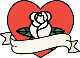 tatouage traditionnel d'une rose de coeur et d'une bannière vecteur