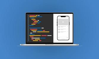 ordinateur avec texte de programmation sur l'écran de l'ordinateur portable et programme simulé sur l'écran du smartphone. vecteur