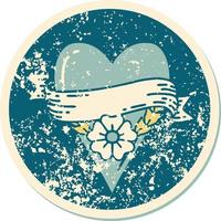icône de style tatouage autocollant en détresse d'une fleur de coeur et d'une bannière vecteur