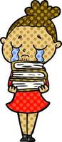 dessin animé femme qui pleure avec une pile de livres vecteur