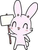 lapin de dessin animé mignon avec signe vecteur