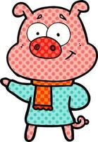 cochon de dessin animé heureux portant des vêtements chauds vecteur