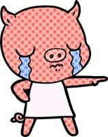 dessin animé cochon qui pleure pointant du doigt vecteur