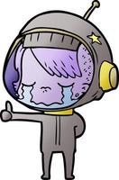 dessin animé fille astronaute qui pleure faisant signe de pouce en l'air vecteur