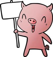 cochon dessin animé heureux avec poteau indicateur vecteur