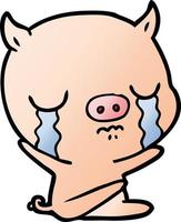 dessin animé cochon assis qui pleure vecteur