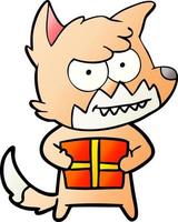 dessin animé souriant renard avec cadeau vecteur