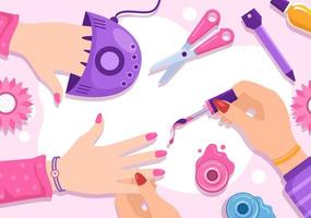 modèle de salon de vernis à ongles illustration plate de dessin animé dessiné à la main recevant une manucure ou une pédicure avec des outils et des accessoires pour un concept de jeune fille vecteur