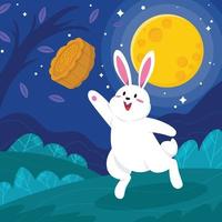 lapin attrape le gâteau de lune vecteur