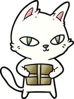 chat de dessin animé tenant un colis vecteur