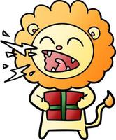 dessin animé lion rugissant avec cadeau vecteur