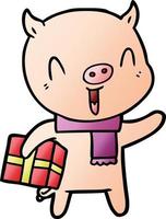 cochon dessin animé heureux avec cadeau de Noël vecteur