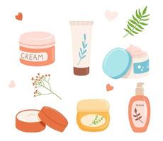 illustration de produits de soins de la peau, lotion pour le corps, toner et crème pour le visage, savon liquide bio, crème pour les yeux, gommage corporel. pot d'objets cosmétiques plats avec couvercle et tube isolé sur fond blanc vecteur