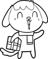 chien de dessin animé mignon avec cadeau de noël vecteur