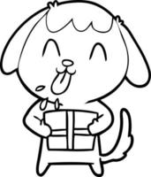 chien de dessin animé mignon avec cadeau de noël vecteur