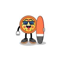 caricature de mascotte de pizza en tant que surfeur vecteur