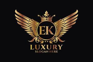 lettre d'aile royale de luxe ek crête or couleur logo vecteur, logo de victoire, logo de crête, logo d'aile, modèle de logo vectoriel. vecteur