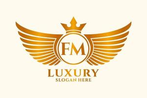 lettre d'aile royale de luxe fm crête logo couleur or vecteur, logo de victoire, logo de crête, logo d'aile, modèle de logo vectoriel. vecteur