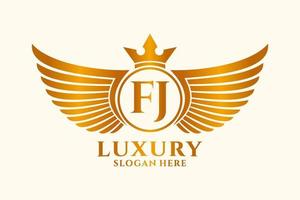 lettre d'aile royale de luxe fj crête logo couleur or vecteur, logo de victoire, logo de crête, logo d'aile, modèle de logo vectoriel. vecteur