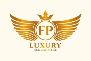 lettre d'aile royale de luxe fp crest logo couleur or vecteur, logo de victoire, logo de crête, logo d'aile, modèle de logo vectoriel. vecteur