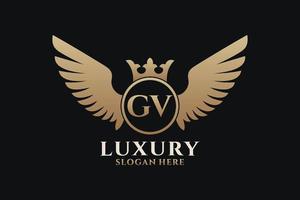 lettre d'aile royale de luxe gv crête logo couleur or vecteur, logo de victoire, logo de crête, logo d'aile, modèle de logo vectoriel. vecteur