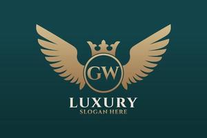 lettre d'aile royale de luxe gw crest logo couleur or vecteur, logo de victoire, logo de crête, logo d'aile, modèle de logo vectoriel. vecteur