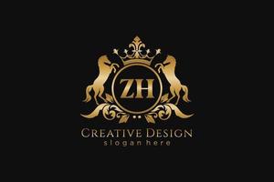 crête dorée rétro initiale zh avec cercle et deux chevaux, modèle de badge avec volutes et couronne royale - parfait pour les projets de marque de luxe vecteur