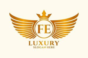 lettre d'aile royale de luxe fe crête logo couleur or vecteur, logo de victoire, logo de crête, logo d'aile, modèle de logo vectoriel. vecteur