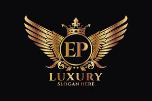 lettre d'aile royale de luxe ep crête or couleur logo vecteur, logo de victoire, logo de crête, logo d'aile, modèle de logo vectoriel. vecteur