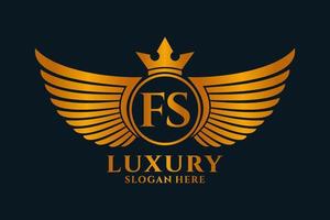 lettre d'aile royale de luxe fs crête logo couleur or vecteur, logo de victoire, logo de crête, logo d'aile, modèle de logo vectoriel. vecteur