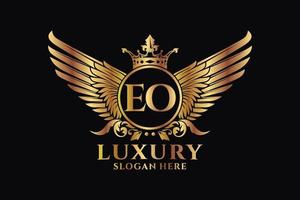 lettre d'aile royale de luxe eo crête or couleur logo vecteur, logo de victoire, logo de crête, logo d'aile, modèle de logo vectoriel. vecteur
