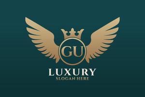 lettre d'aile royale de luxe gu crête vecteur de logo couleur or, logo de victoire, logo de crête, logo d'aile, modèle de logo vectoriel.