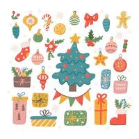 joli ensemble de vacances de noël avec des cadeaux et des décorations pour le sapin de noël, illustration vectorielle à plat dans un style dessiné à la main sur fond blanc vecteur