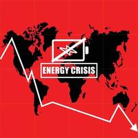 concept de crise énergétique. carte du monde en crise énergétique avec icône de batterie faible énergie isolée sur fond rouge et graphique en ligne vers le bas vecteur
