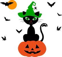 Halloween. le chat au chapeau de sorcière est assis sur une citrouille. les chauves-souris. sur fond blanc. lune. vecteur