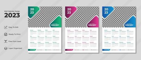 Modèle de conception de calendrier mural 2023 avec des couleurs vertes, violettes et bleues. journal d'entreprise et de planificateur d'entreprise. la semaine commence le dimanche. conception de calendrier mural moderne pour le nouvel an 2023. vecteur