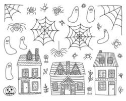 page de coloriage d'halloween avec des maisons de campagne, des fantômes et des araignées. ensemble de maisons hantées halloween doodle vecteur dessiné à la main