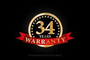 Logo de garantie dorée de 34 ans avec anneau et ruban rouge isolé sur fond noir, conception vectorielle pour la garantie du produit, la garantie, le service, l'entreprise et votre entreprise. vecteur